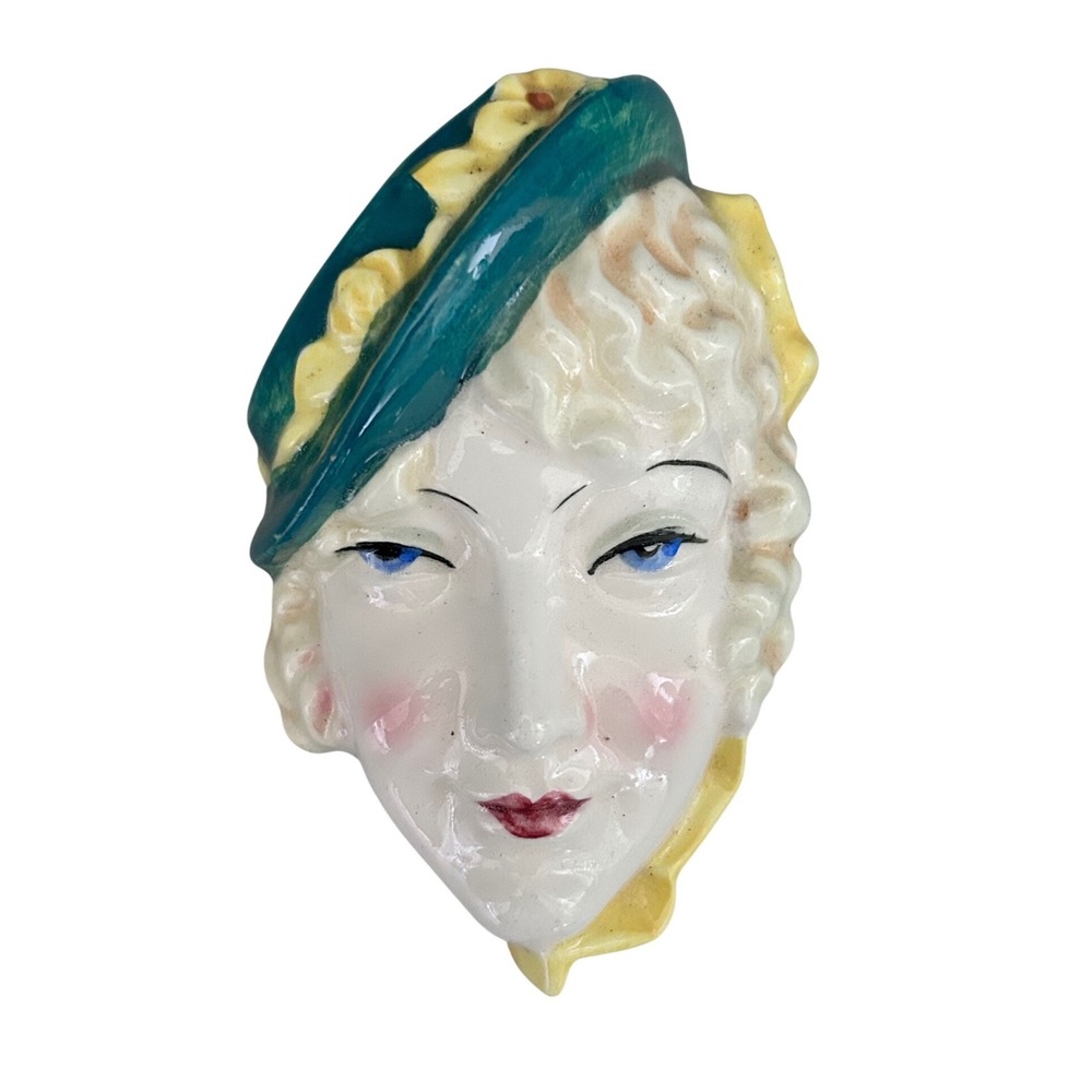 Vintage Art Deco Lady Head Face Wall Hanging Ceramic - Japan Green Hat Blonde